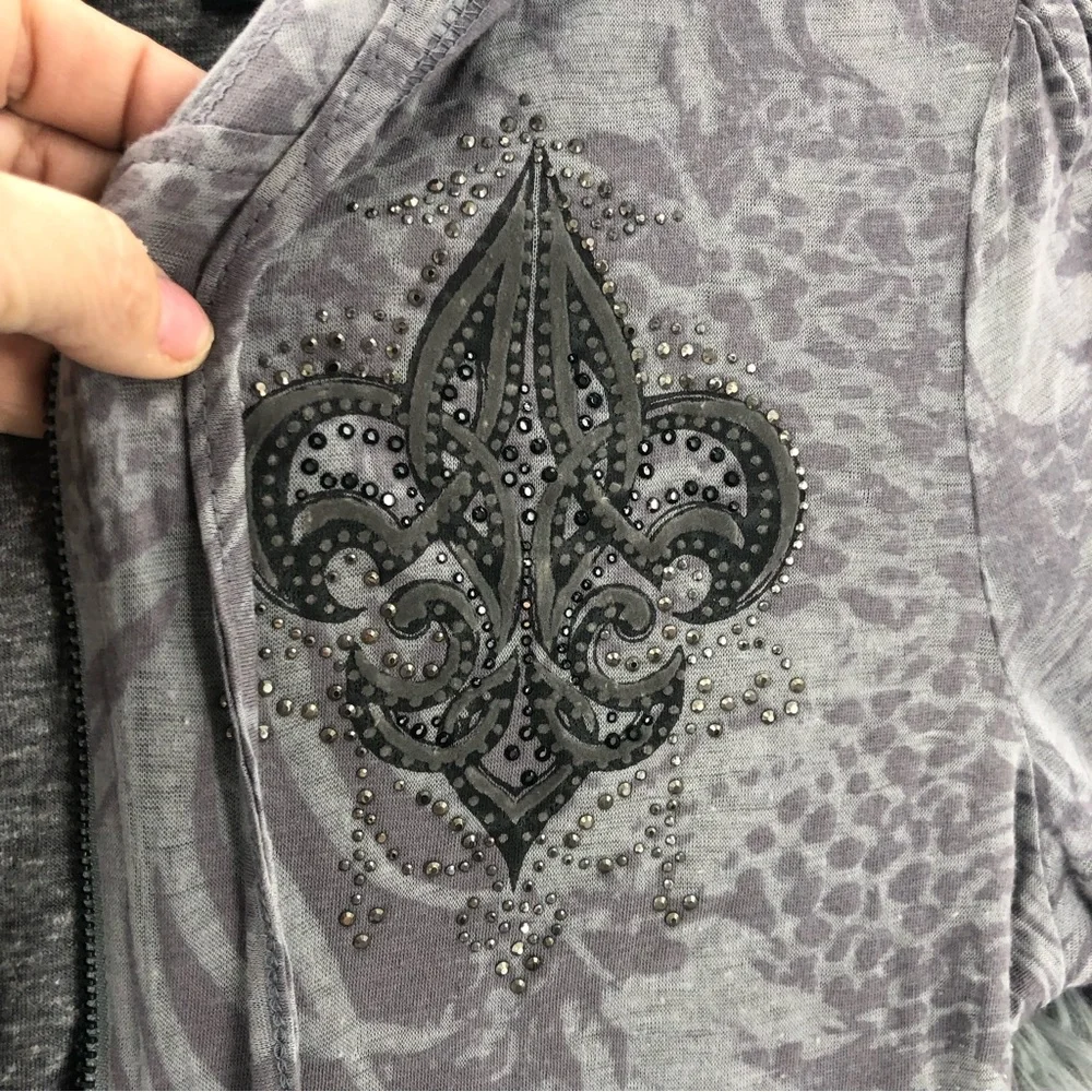 Miss Me Hoodie Jacket Small Fleur De Lis Embellished Wings Pockets Full Zip